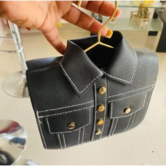 Fun Black Button Down Jacket Shirt on Hanger Crossbody Wristlet Handbag - Picture 2 of 5